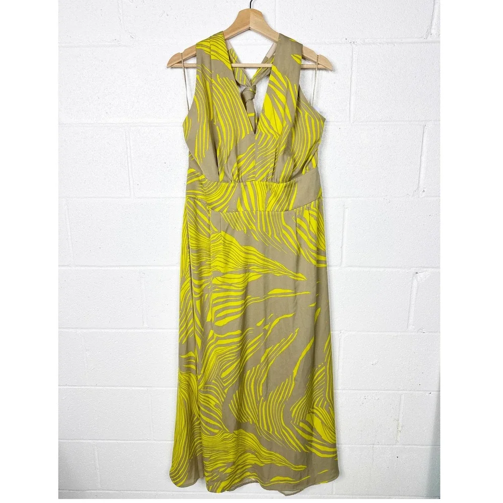 Banana Republic Halter Maxi Dress Yellow‎ Palm Print Petite 16
